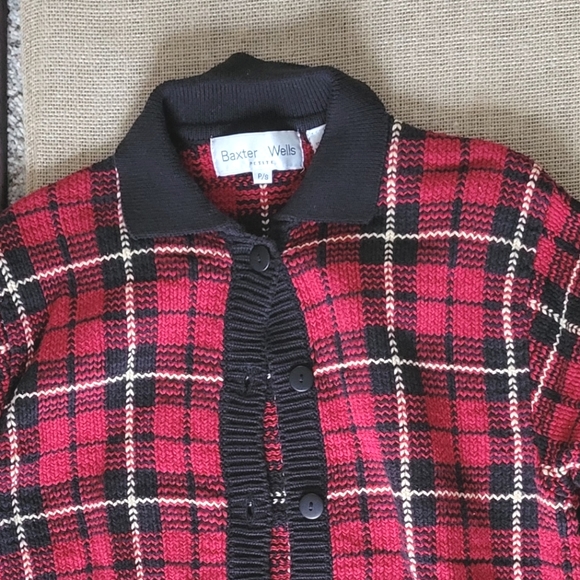 Vintage Plaid Sweater Collared Cardigan Red Black Yellow Checkered Baxter Wells - Picture 2 of 5
